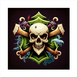 Skull and crossbones with neon green and light blue. Posters and Art